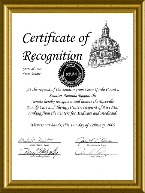 Certificate of Recognition - 5 Star Rating - 2009